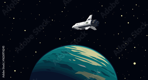 Space shuttle orbiting earth with starry sky background. Vector illustration
