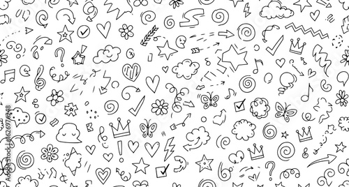 A whimsical doodle pattern featuring hearts stars clouds arrows flowers butterflies and musical notes