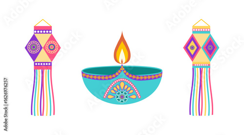 Festive Diwali celebration set with lamps and diyas in flat style. Deepavali vector illustration for banners, posters and social media
