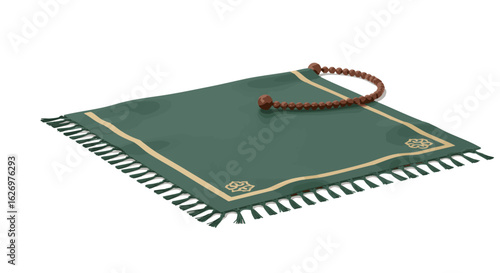 Green Prayer Mat with Tassels and Wooden Beads Islamic Worship Accessory
