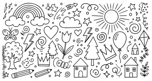 Whimsical doodle collection featuring nature elements homes and celebratory icons