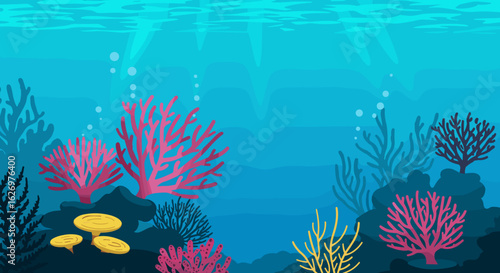 Vibrant coral reef underwater scene with colorful marine life and seaweed. Vector illustration