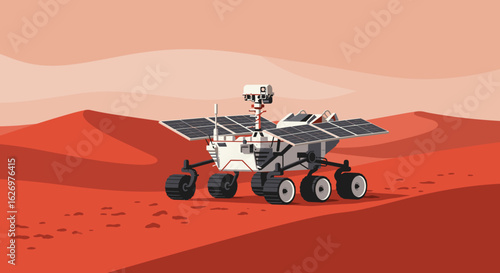 Mars rover exploring red planet desert terrain under clear sky. Vector illustration