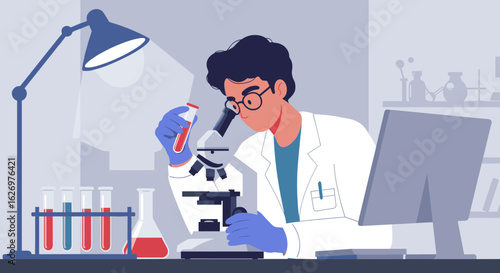 Young caucasian male scientist examining sample under microscope in laboratory. Vector illustration