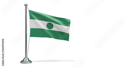 A green and white flag waving on a flagpole against a white background, symbolizing national identity and pride