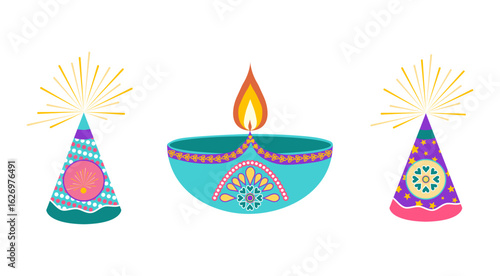Festive Diwali set including diyas and fireworks in flat style. Deepavali vector illustration for banners, posters and social media posts