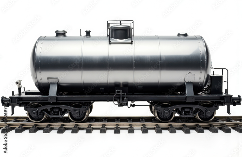 Naklejka premium A metallic tanker railcar positioned on railway tracks with a clear sky background