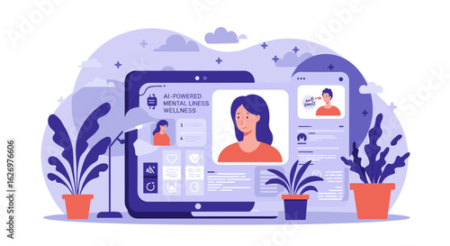 Ai-powered mental wellness platform interface with female avatar and wellness icons. Vector illustration