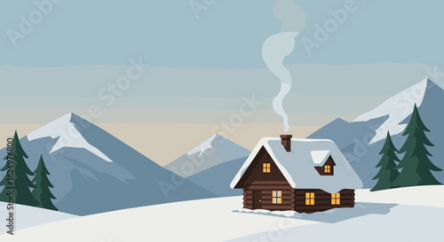 Cozy winter cabin in snowy mountain landscape with smoking chimney at dusk. Vector illustration