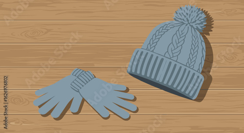 Blue winter knit hat and gloves on wooden surface for cold weather accessories. Vector illustration