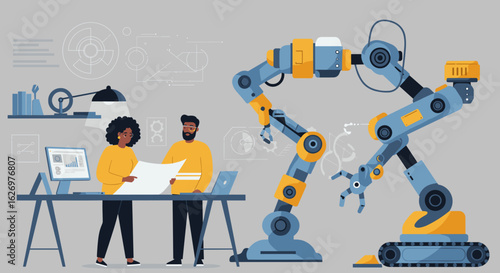 Engineers collaborating on robotics project with diverse creative female and male team. Vector illustration