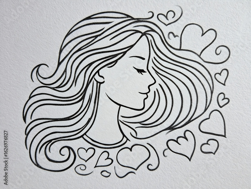 line art woman with hearts and flowing hair