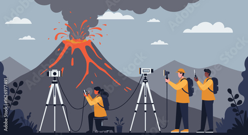 Young adults documenting volcanic eruption with cameras and equipment outdoors. Vector illustration
