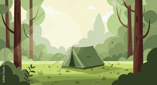 Tranquil forest campsite with tent in sunlit clearing surrounded by lush greenery. Vector illustration