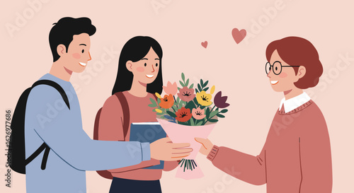 Young multiracial adults greeting elderly female with flowers and smiles. Vector illustration