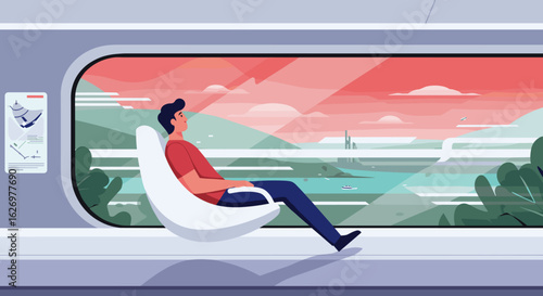 Young caucasian male relaxing in futuristic train window seat viewing scenic landscape. Vector illustration