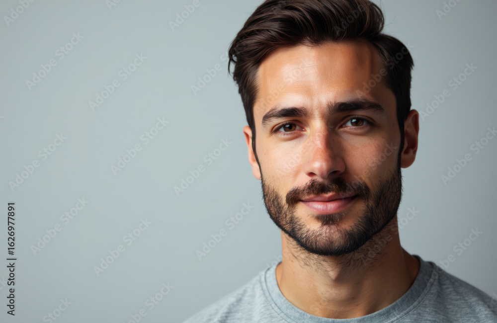 Obraz premium A portrait of a young man with dark hair and a beard smiling softly at the camera