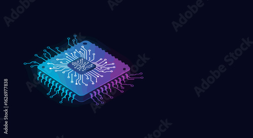 Colorful digital microchip circuit design in gradient on dark background. Vector illustration