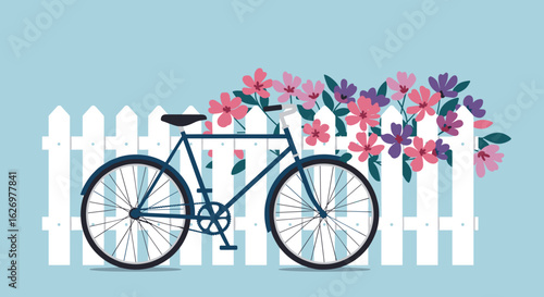 Vintage bicycle against white picket fence with colorful flowers. Vector illustration