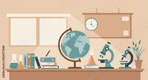 Science classroom with globe, books, and microscope on desk. Vector illustration
