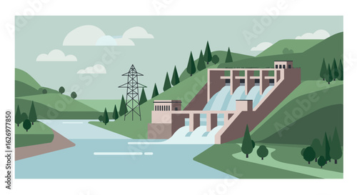 Hydro power station in green valley with flowing water and dense forest. Vector illustration