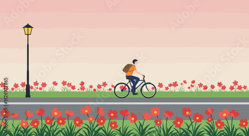 Male cycling on road with flowers and lamppost in early morning scene. Vector illustration