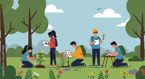 Diverse young teens engaged in outdoor plant study and gardening activity. Vector illustration
