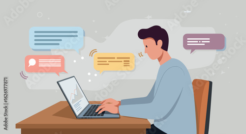 Young caucasian male using laptop for online communication and work. Vector illustration