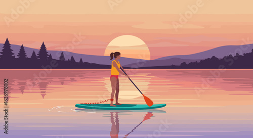 Young asian female paddleboarding on serene lake at sunset with mountains and trees in background. Vector illustration