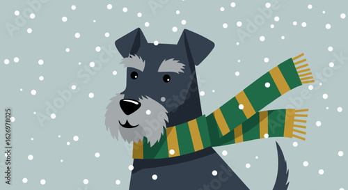 Schnauzer dog in green and yellow scarf enjoying snowy winter day. Vector illustration
