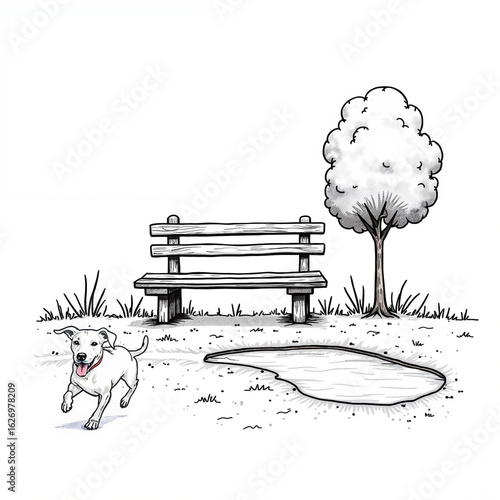 Playful dog running in park with bench and tree in background  
