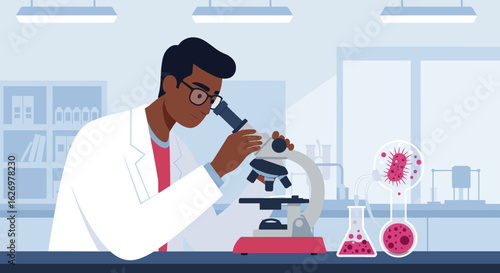 Young african male scientist examining samples with microscope in modern laboratory. Vector illustration