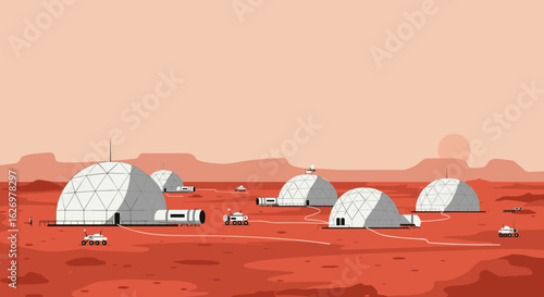 Mars colony landscape: futuristic domes and rovers on red planet. Vector illustration