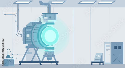 Futuristic industrial machine in laboratory setting with scientific equipment. Vector illustration