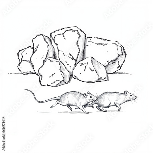 Two rats running near a pile of rocks in a sketched style  