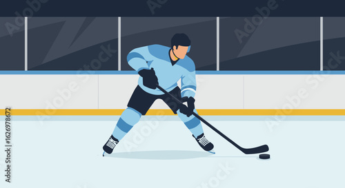 Male hockey player on ice rink in action. Vector illustration