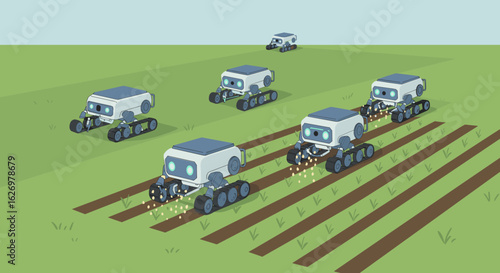 Robotic farming machines tending to crops in a field with precision agriculture. Vector illustration