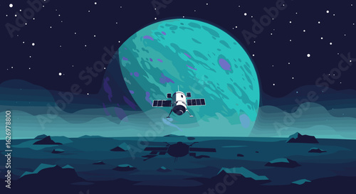 Futuristic spacecraft orbiting distant planet in cosmic night sky. Vector illustration