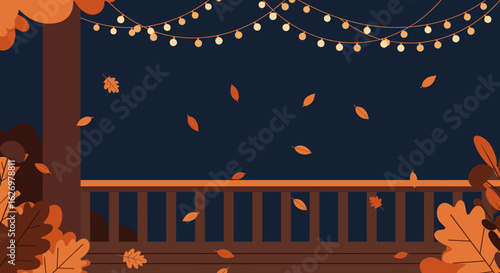 Autumn backyard with falling leaves and festive string lights at night. Vector illustration