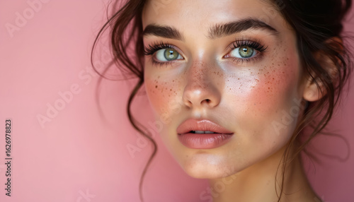 Wallpaper Mural Close-up portrait of young woman with striking green eyes, freckles. Face features soft pink blush, glossy lips, embodying natural, radiant beauty look. Dark, wavy hair frames face against clean pink Torontodigital.ca