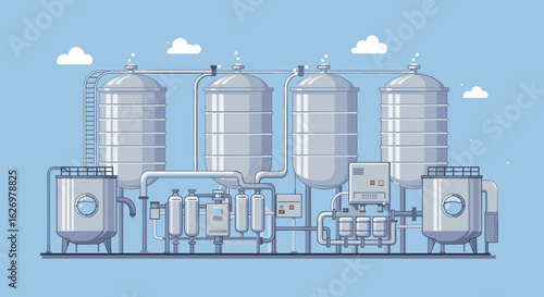 Industrial brewery tanks and machinery against blue sky background. Vector illustration