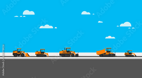 Construction vehicles on a road with blue sky background. Vector illustration