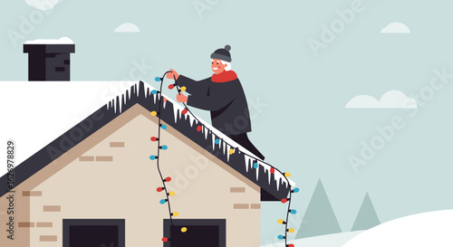 Elderly caucasian male decorating snowy roof with colorful holiday lights. Vector illustration