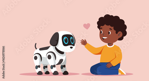 African child interacting with robot dog on pink background. Vector illustration