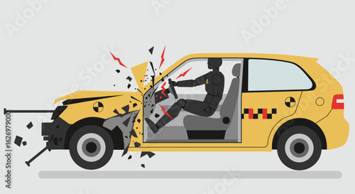 Crash test dummy impact in yellow sedan illustrating safety testing dynamics. Vector illustration