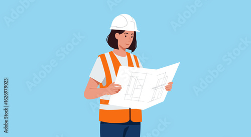Female asian young engineer reading blueprint in safety vest and hard hat. Vector illustration