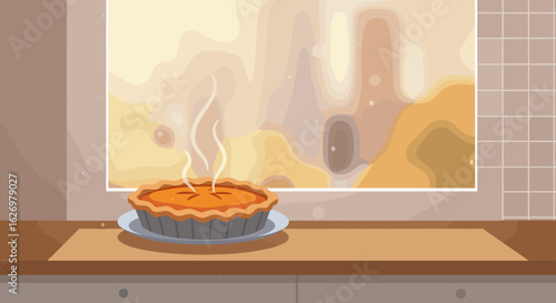 Warm apple pie on kitchen counter with sunny window background. Vector illustration