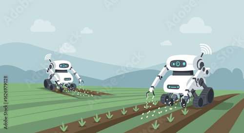 Autonomous farming robots tending fields in rural landscape. Vector illustration