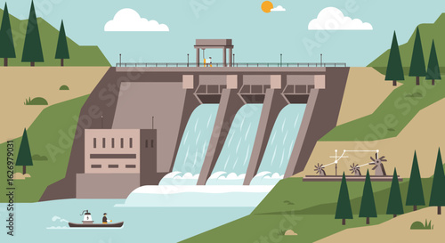 Hydroelectric dam landscape with flowing water and scenic nature surroundings. Vector illustration