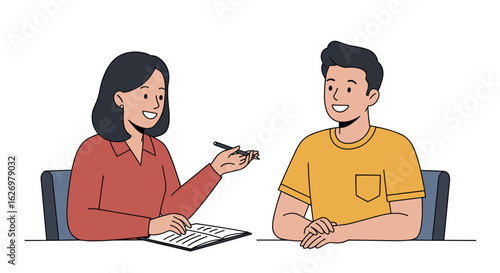 Female adult caucasian therapist discussing with male adult caucasian client in counseling session. Vector illustration
